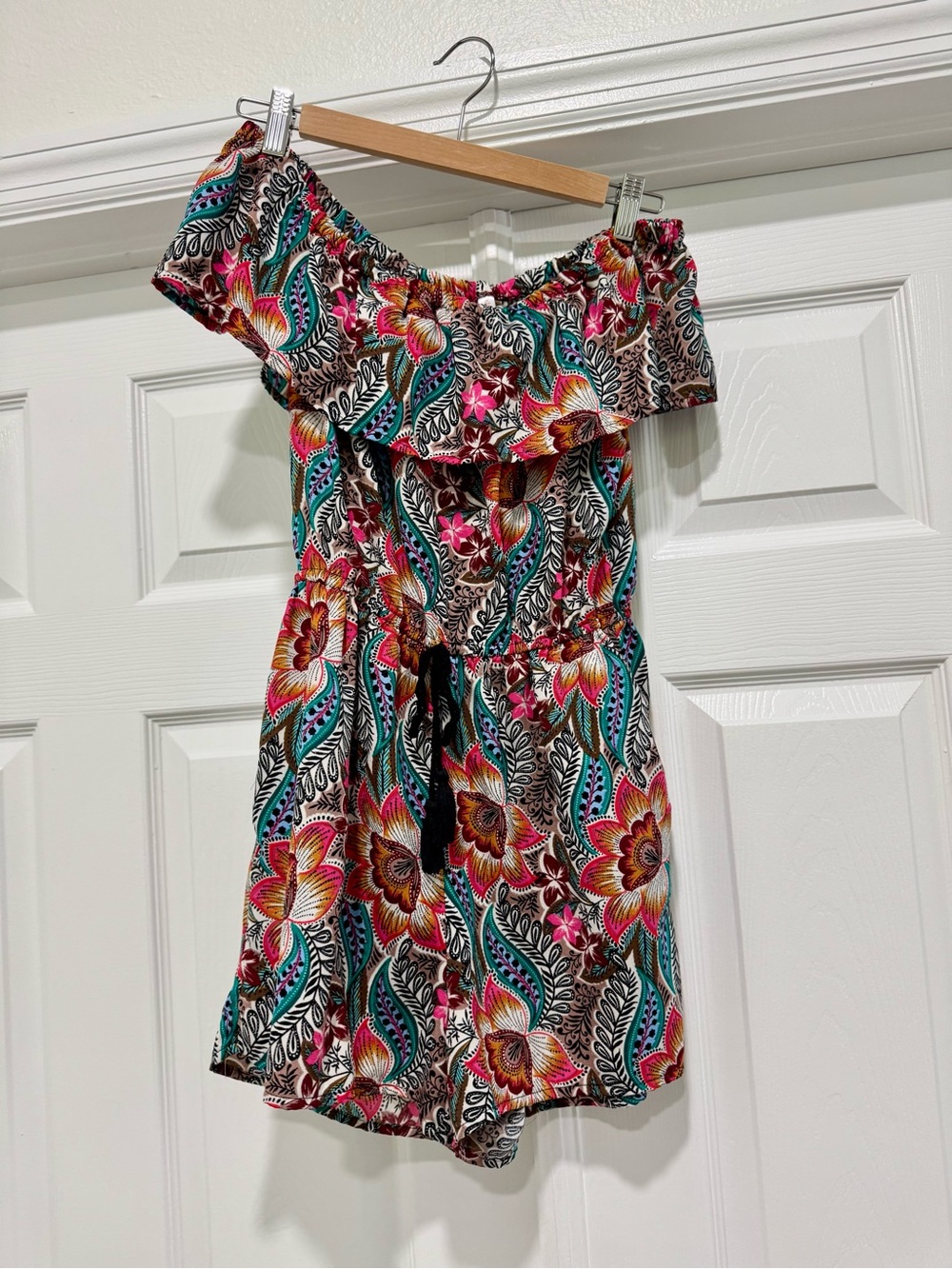 Xhilaration Multicolor Floral Off-Shoulder Romper - Teal, Pink, Black